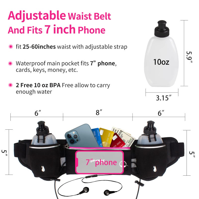 PYFK Running Belt with Water Bottles, Hydration Belt for Men and Women, Water Bottle Holder Running Pouch Water Belt, Fanny Pack Fits 7 inches Phones, Waist pack for Runner Jogging (rose red) - Image 3